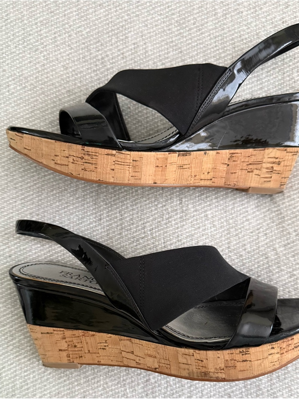 Franco Sarto Black Patent Cork Wedge Sandals with Elastic Upper